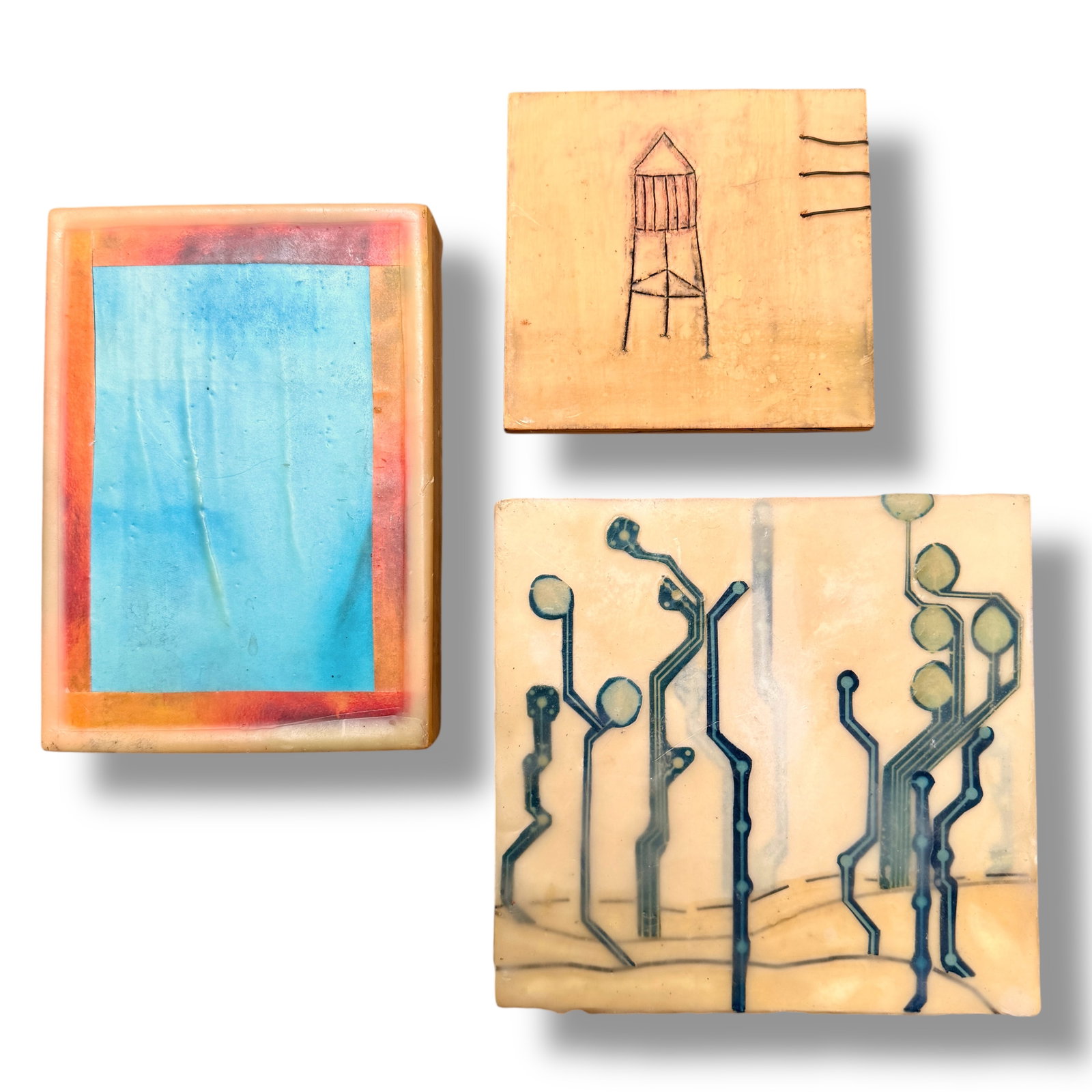 Lot of Three Abstract Encaustic Mixed Media Assemblages Early 21st Century (1 of 4)