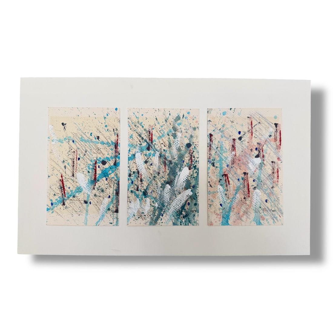 20th Century American Abstract Expressionist Tryptic Artist Steve Price 1988: 20th Century American Abstract Expressionist Tryptic Artist Steve Price executed in paint on paper on three 9" x 5.5" sheets mounted to 22.5" x 20.25" mat board. 1988