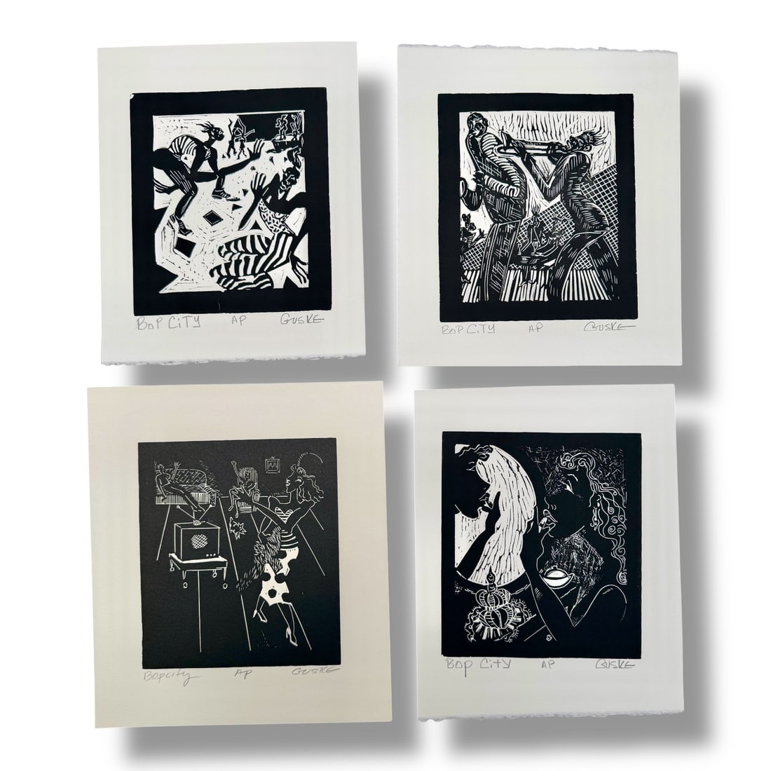 20th Century American Lot of 4 linocut Prints by Jennifer Guske "Bop City" Series (1 of 3)