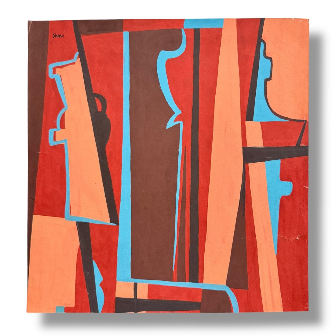 American 20th Paint on Paper Abstract Original Signed Shaw 1960s: Original painting on paper, signed upper left 'Shaw" and executed on paper measuring 15" x 15" some condition issues, presents well. see photos.
