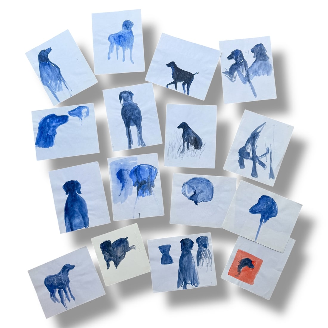 Early 21st Century Paint on Paper Lot Of Dog Paintings By Artist Laura Nugent: Lot of 16 Dog paintings in watercolor on paper by artist Laura Nugent, circa early 2000s. Most on 9" x 11" paper. Very good vintage condition.