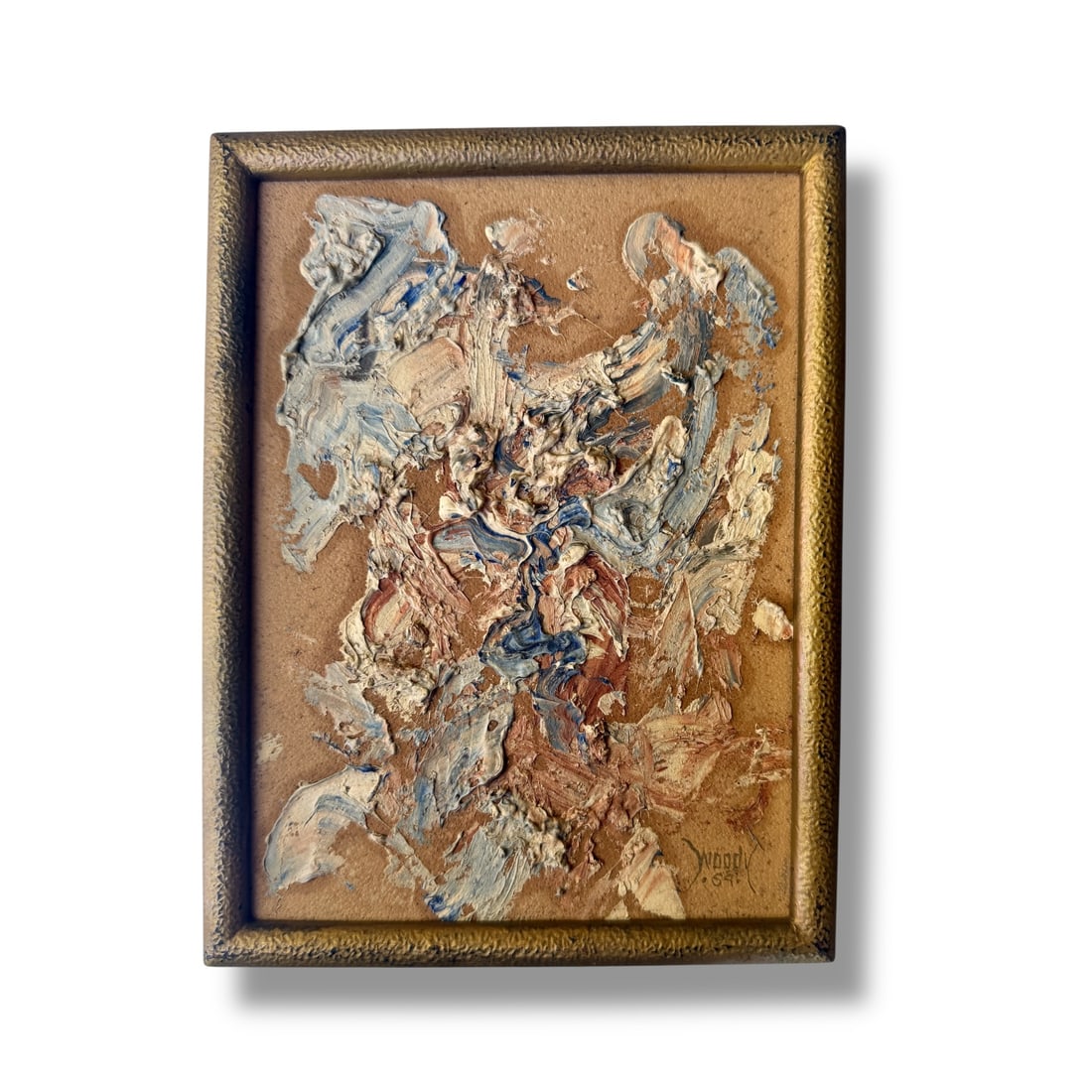 American 20th century Abstract expressionist Painting by W. Tallman (b. 1896): Small abstract expressionist painting in oil on artist board by Woody Tallman,oregon artist born 1896. In its original frame, measures 8.5" x 6" and is in vintage condition showing age appropriate pat