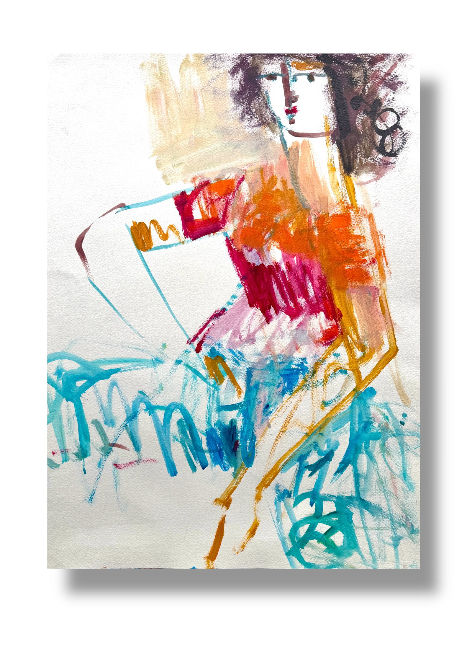 American 20th Century Figure Painting Paint on Paper by Margie Lee (1950-2021): Paint on paper circa late 20th century, executed by noteworthy Pacific Northwest artist Margie Lee (1950-2021). Measures 18" x 24" and is in good vintage condition. Expect minor edge wear, no signific