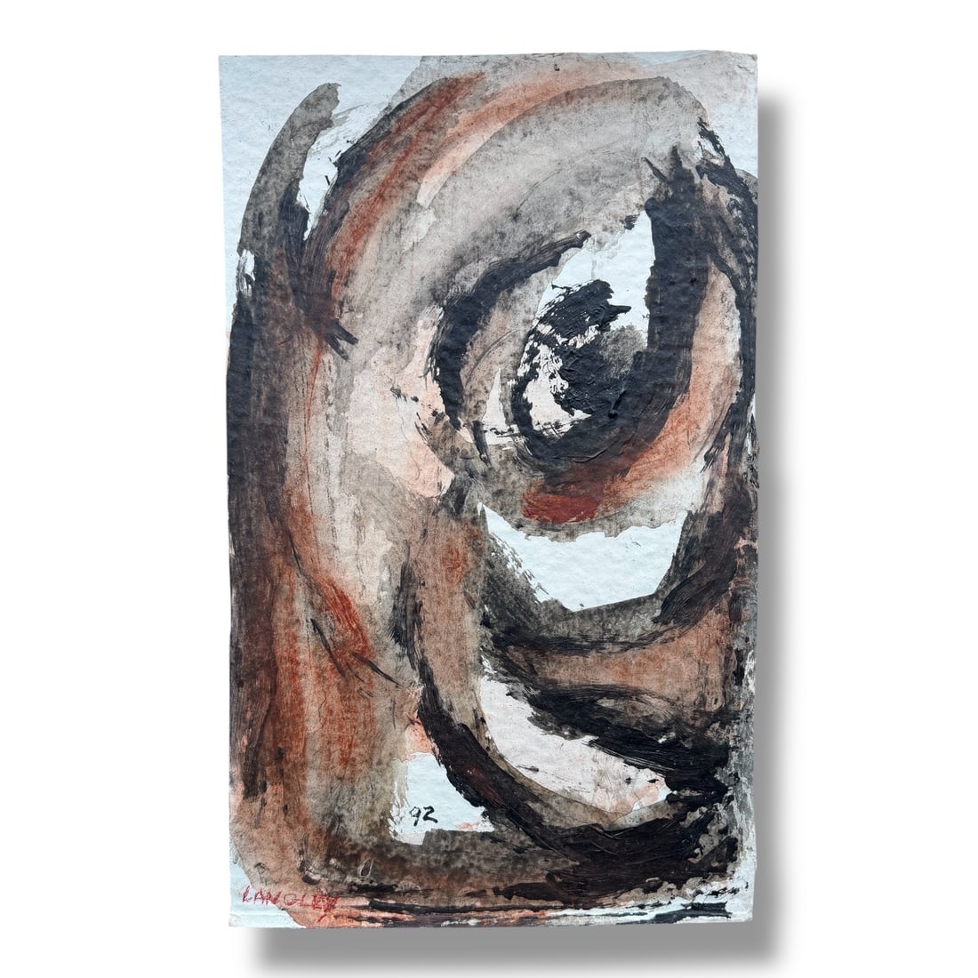 American 20th Century Abstract Expressionist Painting Katherine Langley (1920-2011): Abstract Expressionist painting on paper by New York State artist Katherine Langley (1920-2011). Age appropriate condition, Katherine often painted on found paper. Signed and dated. Measures 14" x 9"