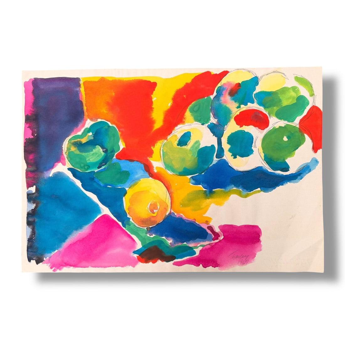 American 20th Century Paint on Paper Still Life by Harley Francis (1940-2017): Paint on paper still life composition by the artist Harley Francis (1940-2017) measuring 18" x 11" and in very good vintage condition, signed/dated 1967, acquired directly from the artists estate.