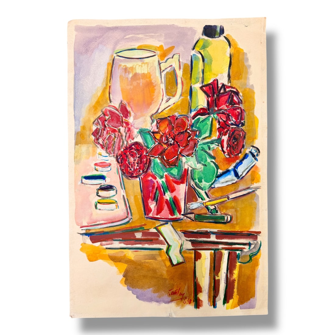 American 20th Century Paint on Paper Still Life by Harley Francis (1940-2017): Paint on paper still life composition by the artist Harley Francis (1940-2017) measuring 18" x 11" and in very good vintage condition, small tear at middle bottom. signed/dated 1968, acquired directly