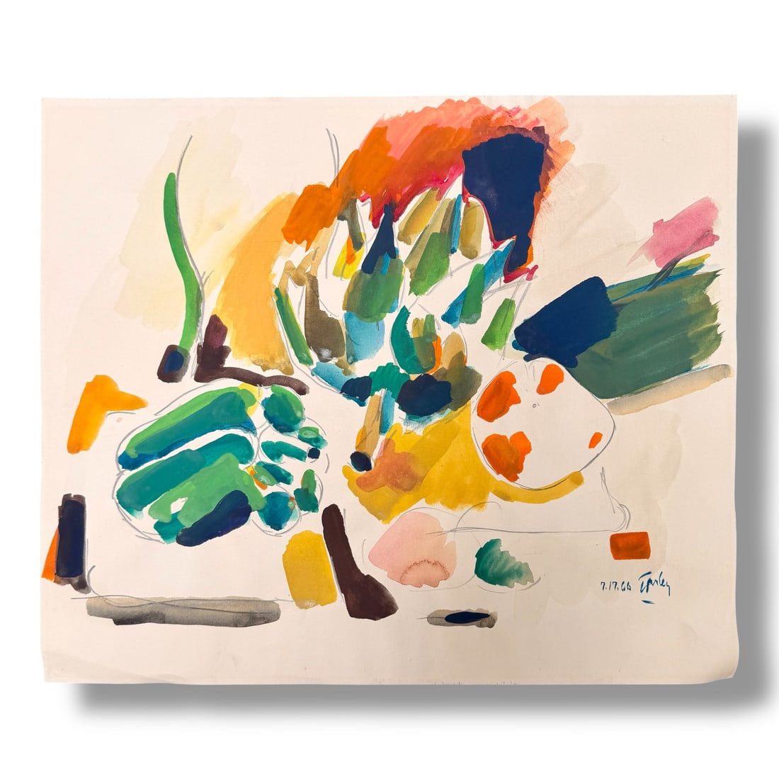 American 20th Century Paint on Paper Still Life by Harley Francis (1940-2017): Paint on paper still life composition by the artist Harley Francis (1940-2017) measuring 16" x 14" and in very good vintage condition. signed/dated 1966, acquired directly from the artists estate.