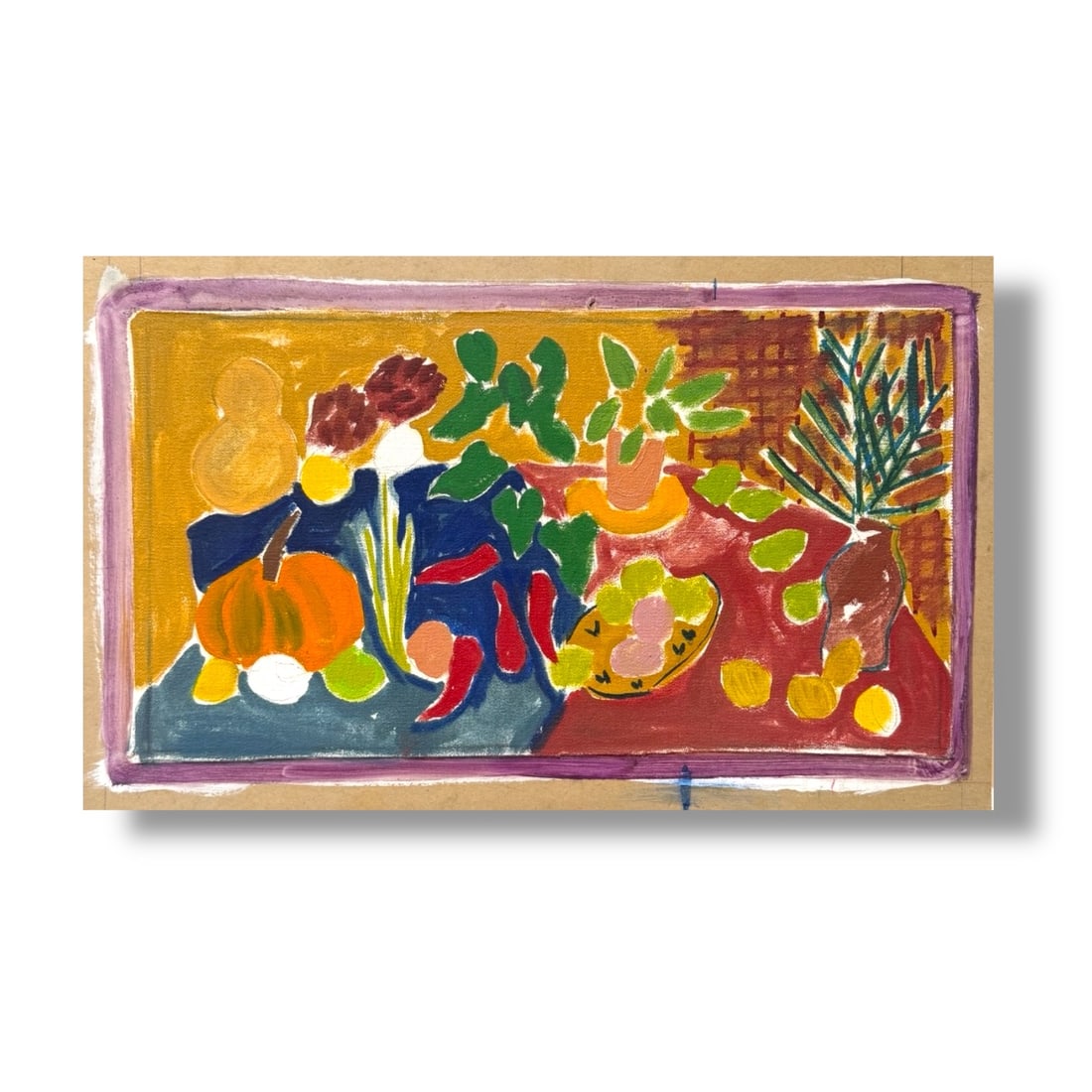 American 20th Century Paint on canvas Still Life by Harley Francis (1940-2017): Paint on canvas mounted to thick card stock, still life composition by the artist Harley Francis (1940-2017). Art measures 17" x 9" mounted to 19" x 13" card stock, in very good vintage condition. uns