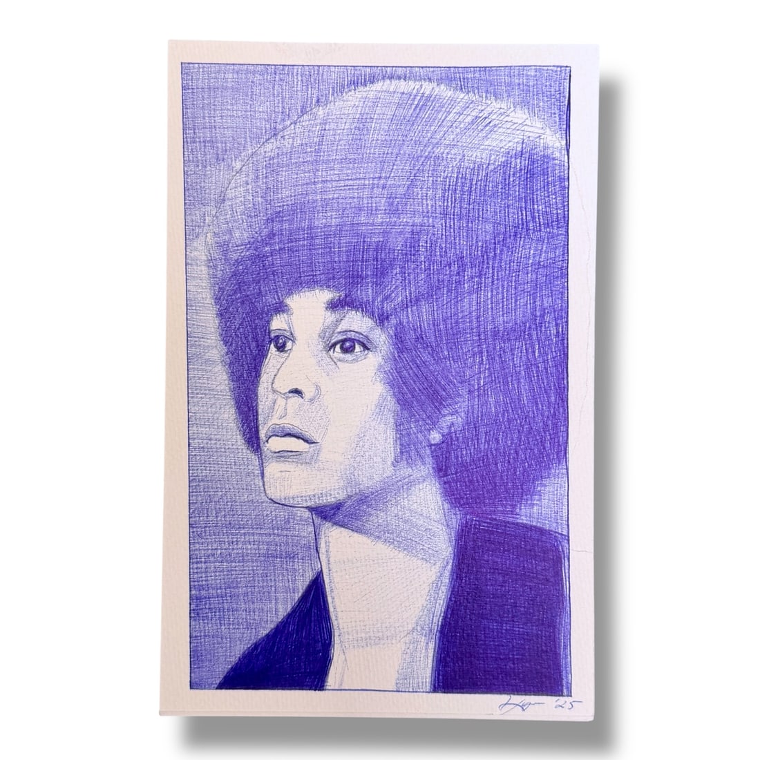 American 21st Century Ballpoint Pen Portrait By Kyra Watkins "Angela Davis": From a 2025 series by the contemporary artist Kyra Watkins, a ballpoint pen portrait of "Angela Davis" executed on 8.5" x 5.5" watercolor paper. Signed/dated. excellent condition.