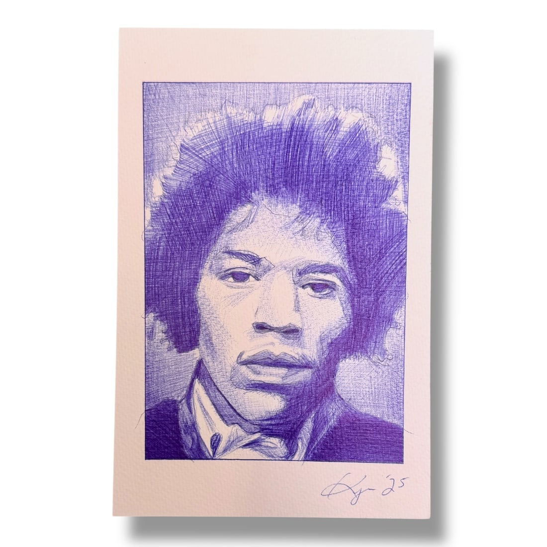 American 21st Century Ballpoint Pen Portrait By Kyra Watkins "Jimi Hendrix": From a 2025 series by the contemporary artist Kyra Watkins, a ballpoint pen portrait of "Jimmy Hendrix" executed on 8.5" x 5.5" watercolor paper. Signed/dated. excellent condition.