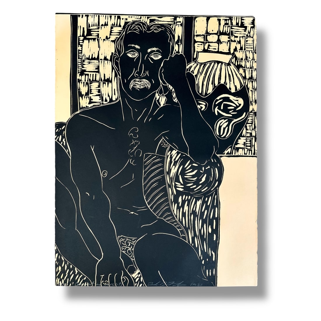 American 20th century Leslie Fawkes (b.1963) Linocut Print Male Nude 1988: Linocut print of an abstract male seated nude by artist Leslie Fawkes, executed in 1988. Signed and dated. Measures 30" x 22" in very good vintage condition.