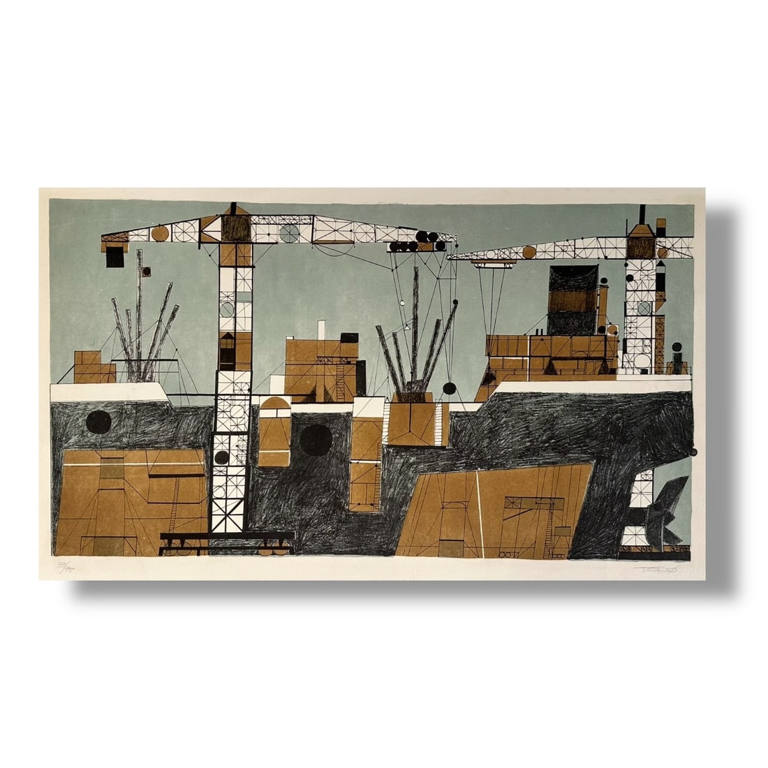 Mid Century Modern Abstract Print of Ship Port Signed Todo: A mid century modern abstract print of a ship port, pencil signed Todo. Measures 23.5" x 13.25" with a paper size of 29" x 18.5". In excellent condition.