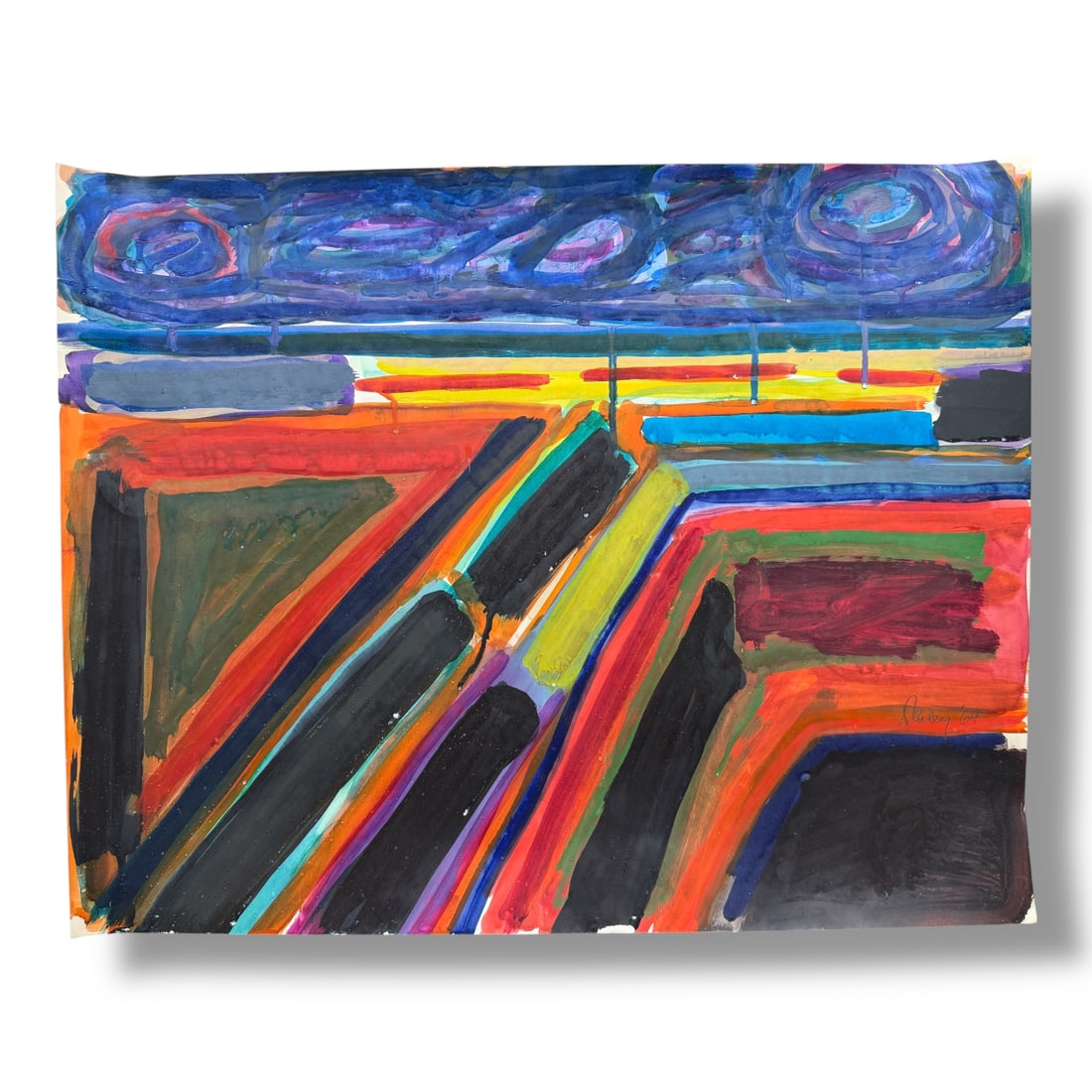 American 20th Century 1960s Paint on Paper Abstract Composition by Harley Francis (1940-2017): Paint on paper abstract composition by the artist Harley Francis (1940-2017) measuring 18" x 24" and acquired directly from the artists estate. Executed 1960s. Expect age appropriate wear, edge-wear, 