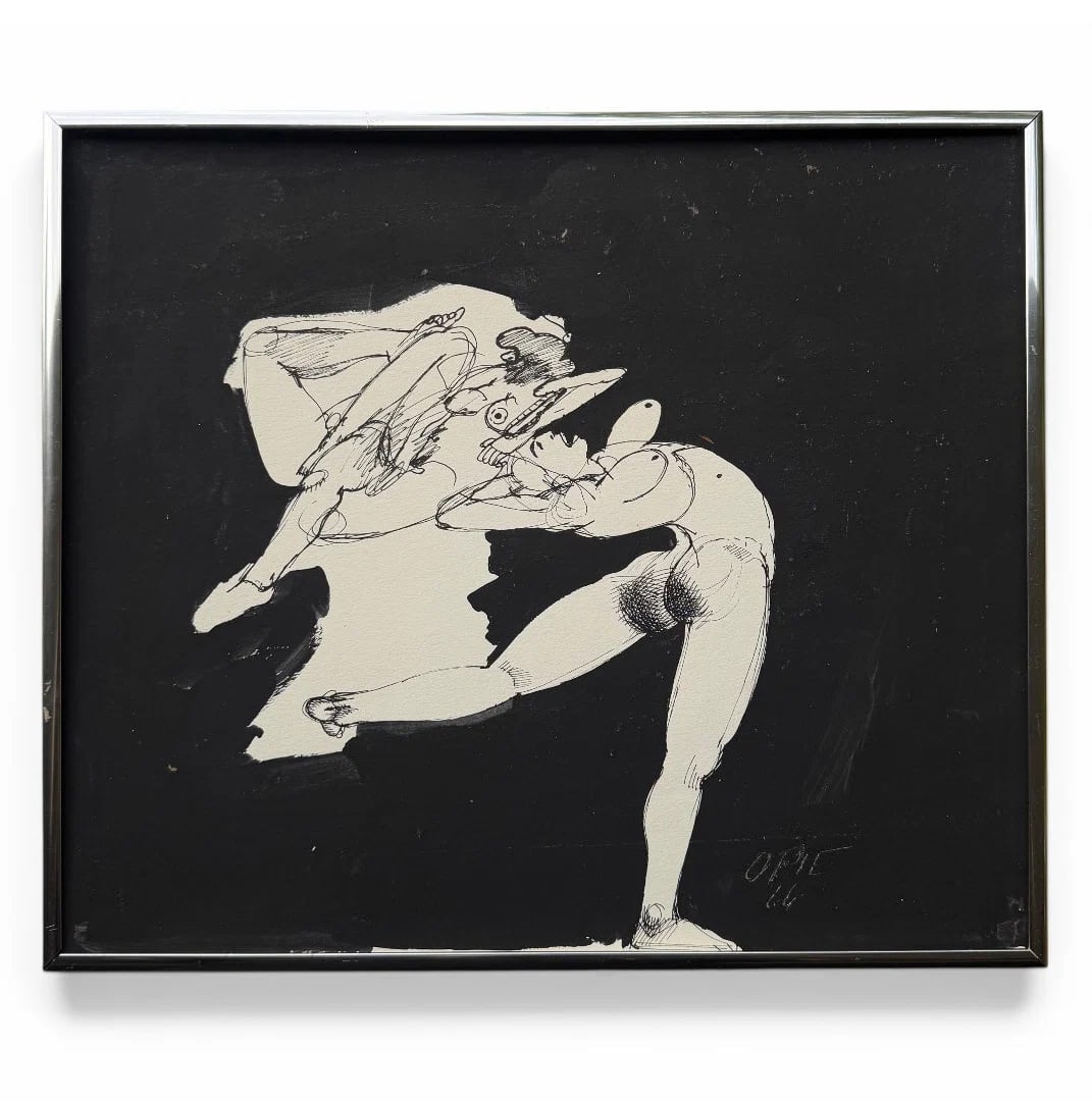 20th Century American John Mart Opie (b.1936) Abstract Painting on Paper, 1966, Framed: original abstract acrylic on paper painting by noteworthy American artist John Mart Opie, executed in 1966 and presented behind glass in a vintage chrome Nielsen frame measuring 14” x 12”.