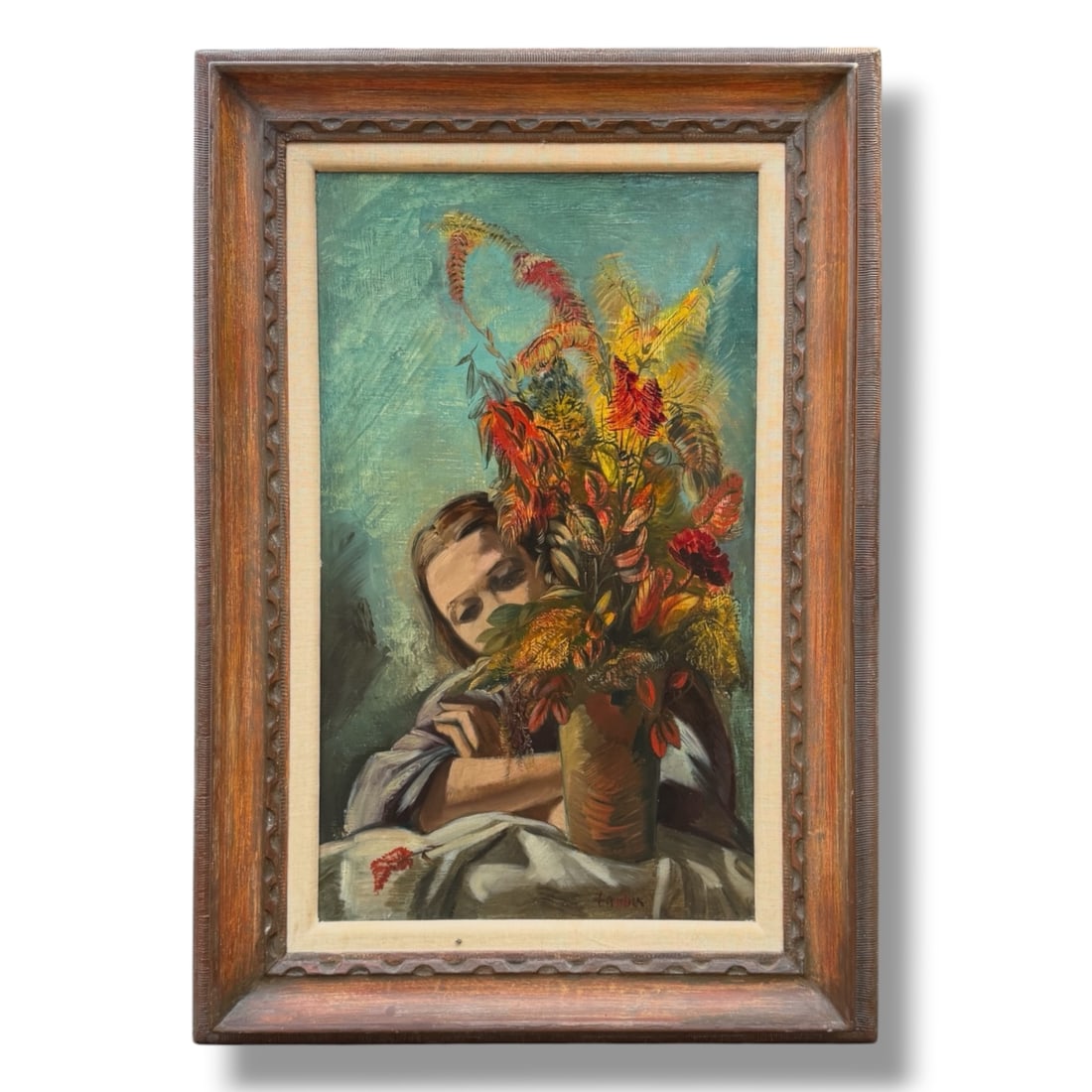 American 20th Century Large Portrait with Flowers Oil on Canvas by Frederic Taubes (1990-1981): Large oil on canvas presented in its original frame, Listed New York artist Frederic Taubes (1990-1981) Portrait of a girl with flowers. Measures 40" x 27.5" Very good vintage condition showing age ap