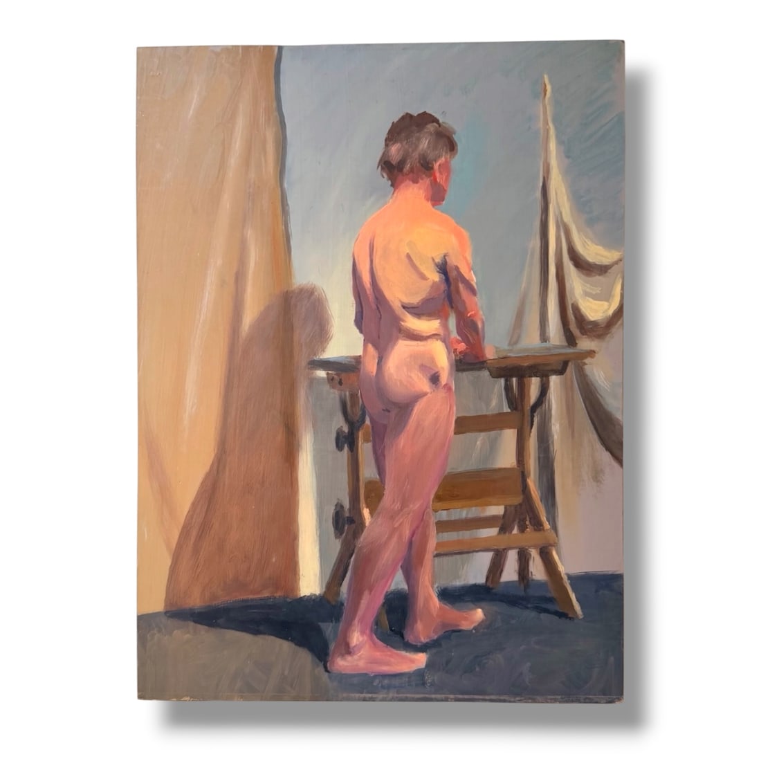 American 20th Century Vintage Figure Study Male Nude Painting on Panel: 20th century painting on board measuring 12" x 16" and in very good vintage condition.