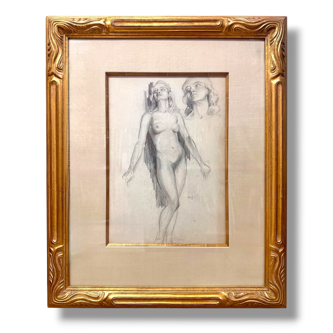 American 20th Century Female Nude Graphite Drawing Edward Burns Quigley (1894-1984): Graphite drawing by noteworthy American artist Edward Burns Quigley (1894-1984). Artwork measures 13.5" x 9.5" and it is professionally framed measuring 23" x 19" over all.