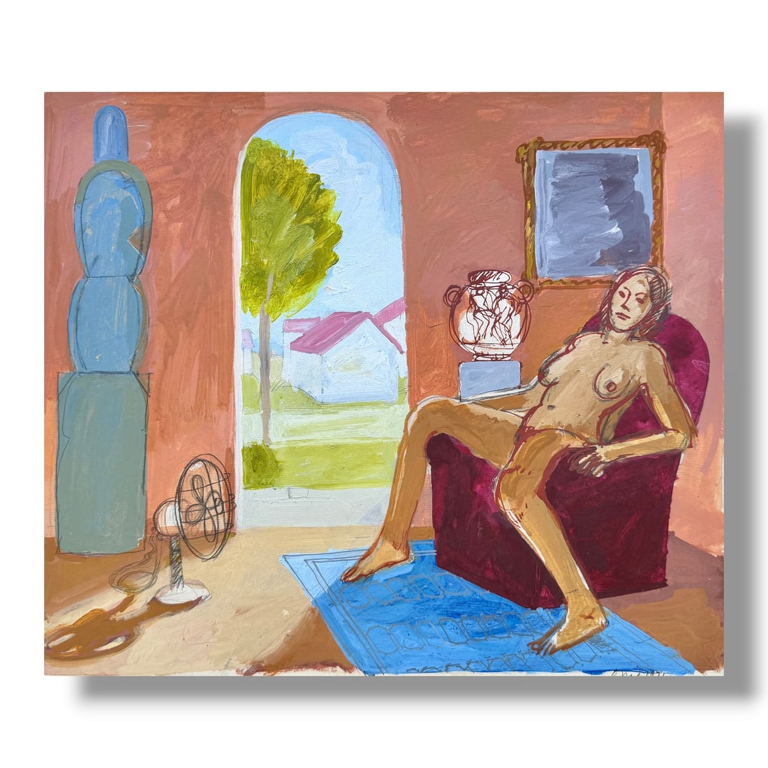 American 20th Century Figurative Paint on Rag Paper by John Mart Opie (b.1936): Original painting by noteworthy American artist John Mart Opie (b. 1936) from a series of figurative paintings the artist executed circa 1970s. This example measures 17" x 15" and is painted on a 21" 