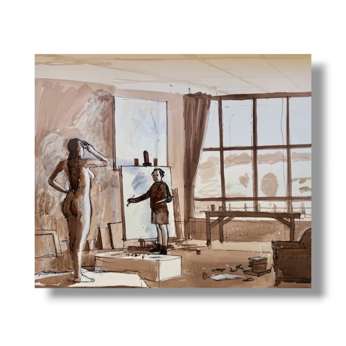 American 20th Century Figurative Paint on Rag Paper by John Mart Opie (b.1936): Original painting by noteworthy American artist John Mart Opie (b. 1936) from a series of figurative paintings the artist executed circa 1970s. This example measures 21" x 18" and is painted on a 26" 