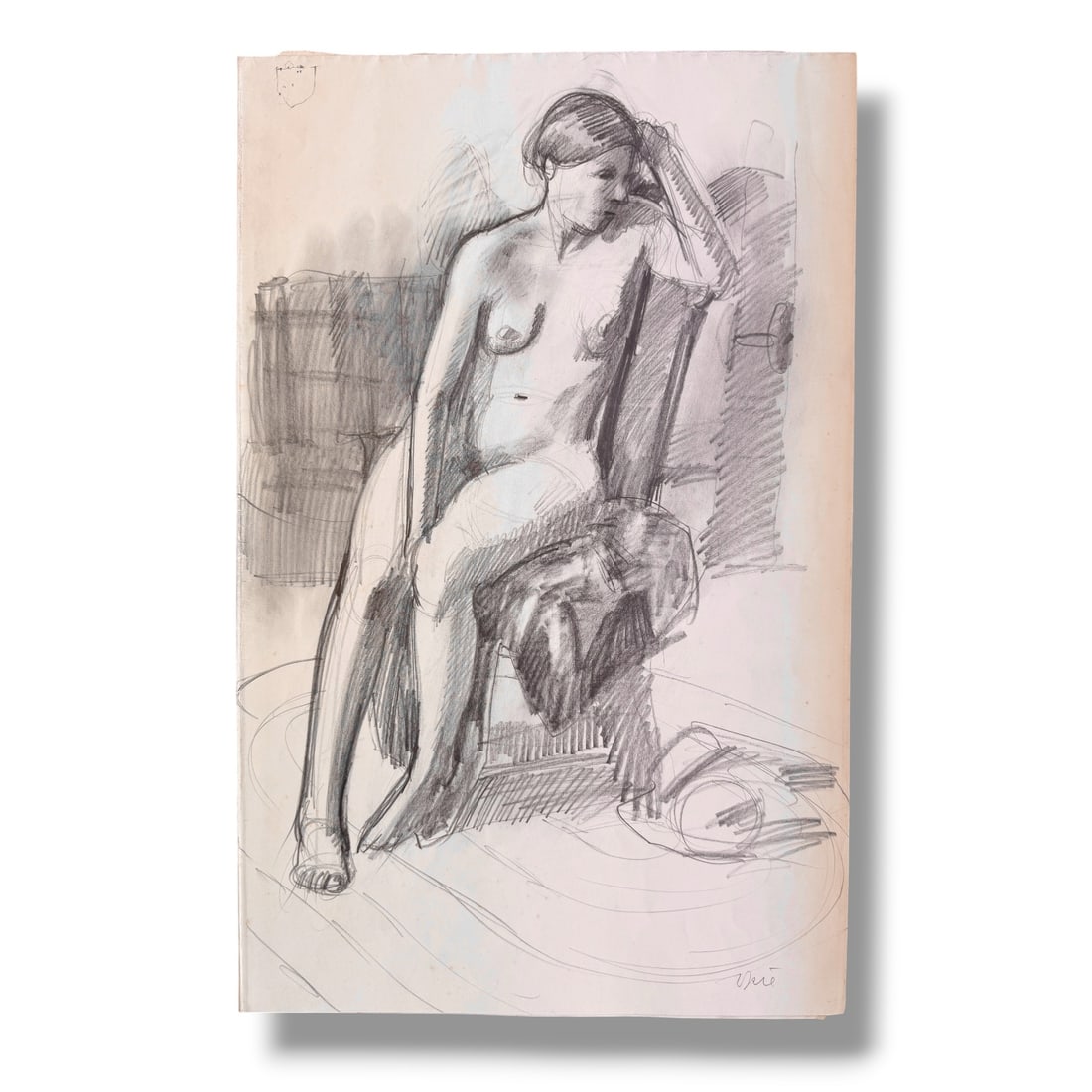 American 20th Century Figurative Drawing on Paper by John Mart Opie (b.1936): Original figure study drawing by noteworthy American artist John Mart Opie (b. 1936) executed circa late 1950s. 20' x 13' sheet. This signed piece was pulled directly from the artists portfolio and ha