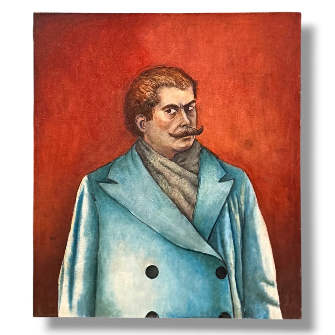 American 20th Century Large Figurative Oil on Canvas Painting of Suspicious Gentleman: A large oil on canvas painting circa 1960s depicting a rather suspicious gentleman with mustache. Very good vintage condition showing age appropriate patina. This painting measures 35" x 40" and has b
