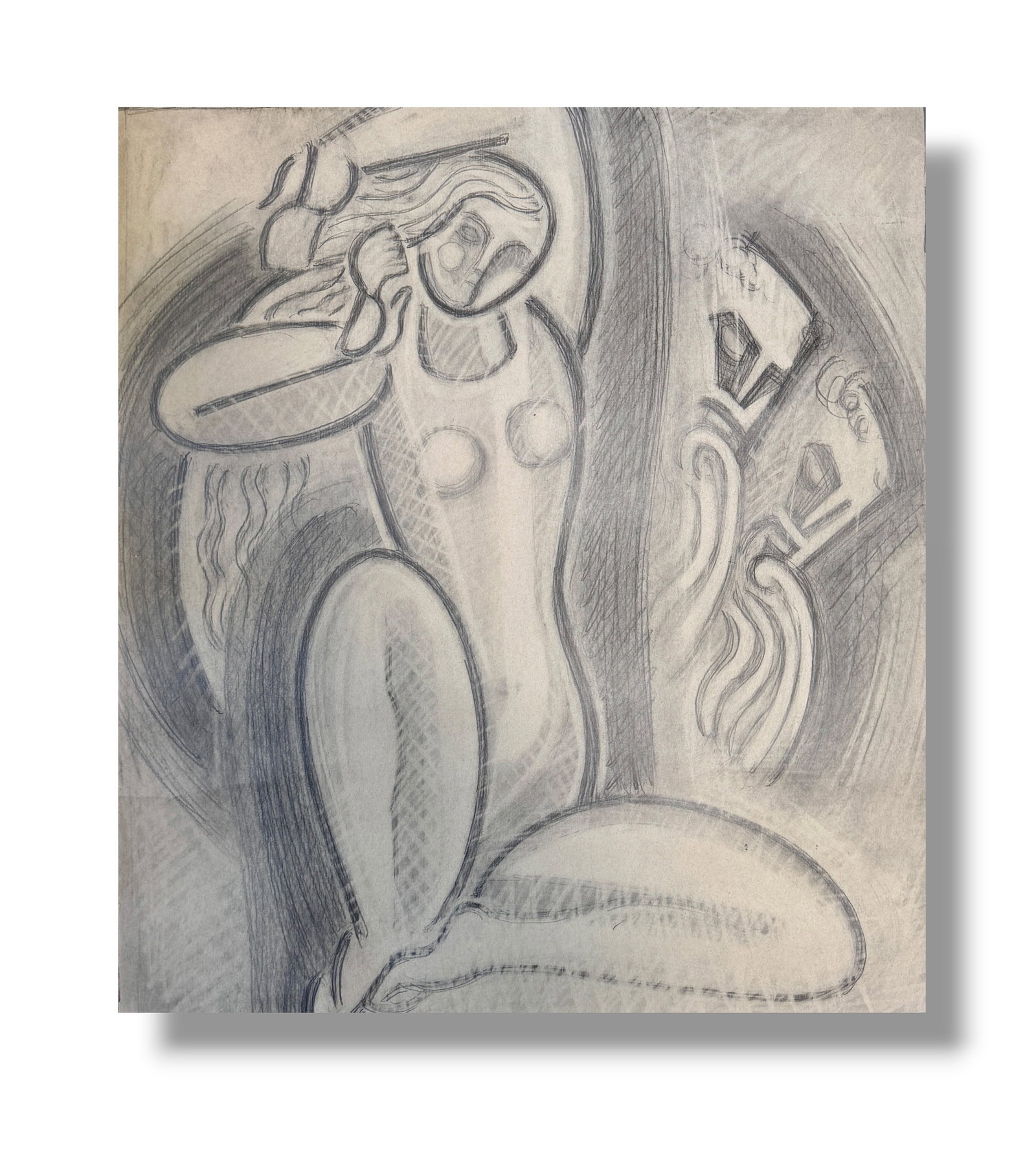 20th Century Abstract Figurative Pencil Drawing By Samuel Kudish (1928-2023): Original abstract pencil drawing circa 1960s by the artist Samuel Kudish (1928-2023). Kudish was of Ukrainian decent and had an illustrious career in Eastern Europe including massive public installati