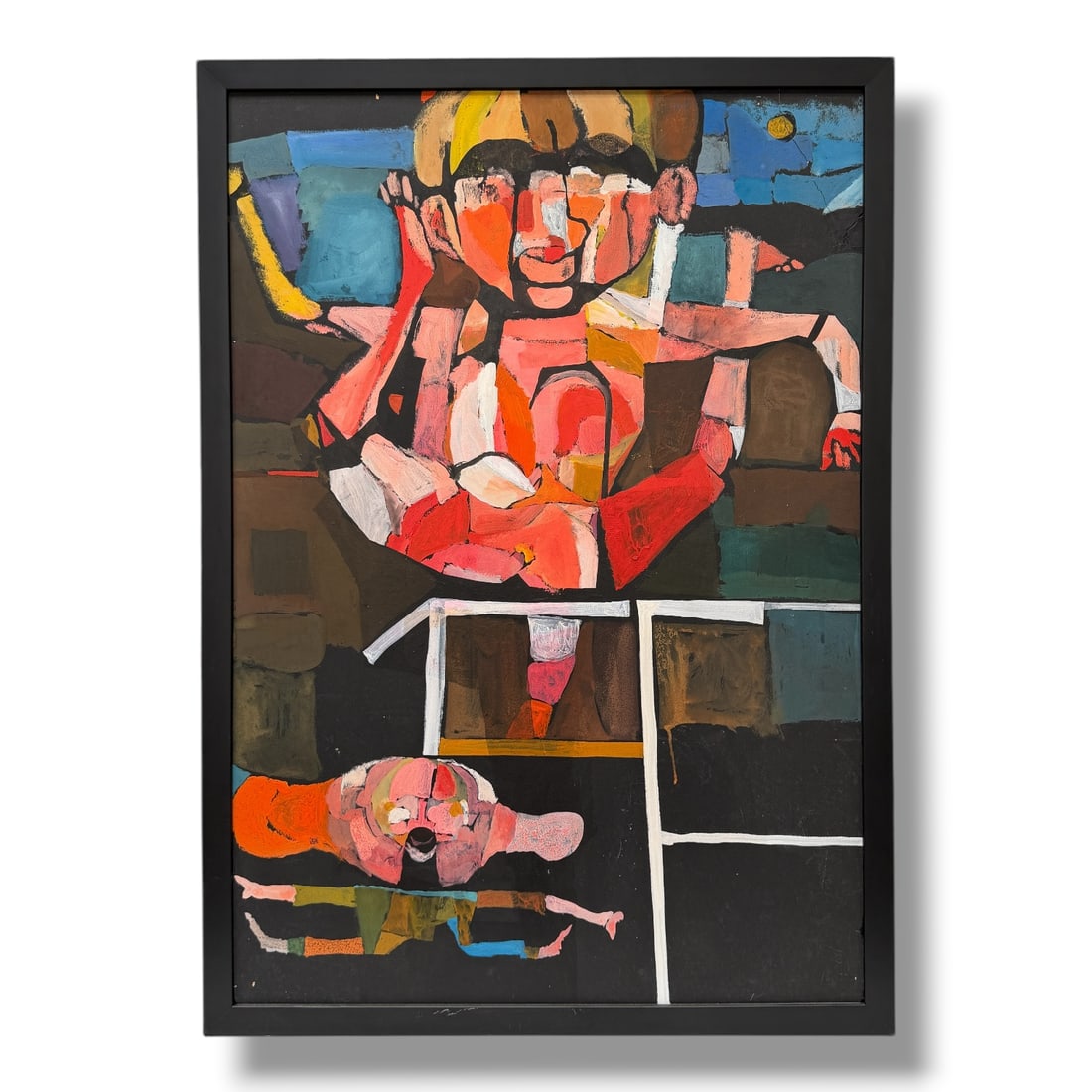 American 20th century Abstract Figurative Painting by Bennet Norrbo (1930-2013): Acrylic on artist board 36" x 26" in custom framing, original painting by noteworthy Portland Oregon artist Bennet Norrbo. Acquired directly from his estate. Excellent vintage condition.