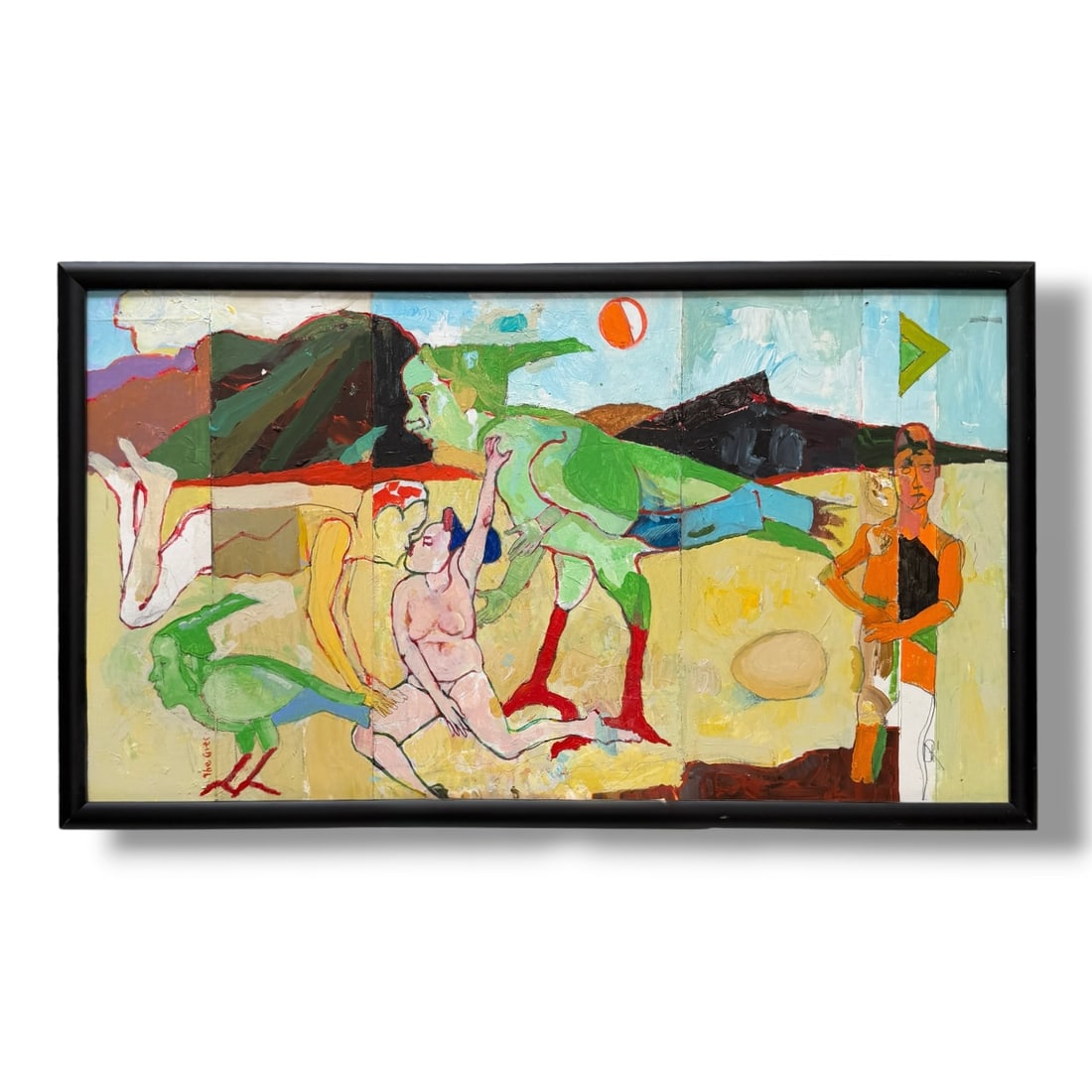 American 20th century Abstract Figurative Painting by Bennet Norrbo (1930-2013): Acrylic on artist board 30" x 17.5" in custom framing, original painting by noteworthy Portland Oregon artist Bennet Norrbo. Acquired directly from his estate. Excellent vintage condition.