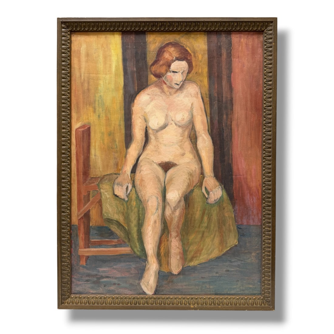 20th Century Figurative Seated Nude Painting on Canvas in Vintage Frame: 20th century paint on canvas seated nude presented in a vintage frame and measuring 31" x 24" over all. Age appropriate patina, see photos.