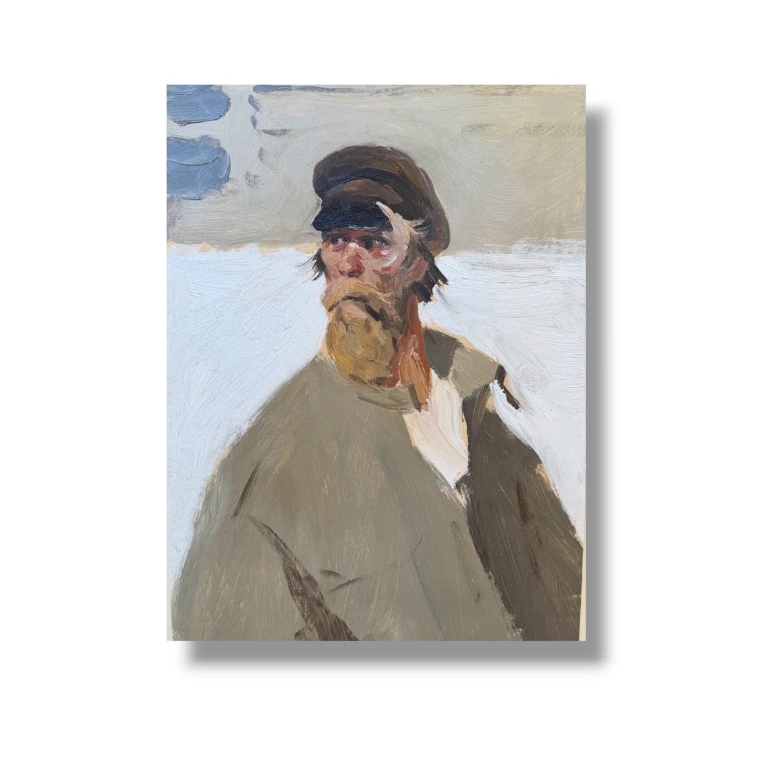 American 20th century Male Portrait Study Painting on Paper: 21st century signed painting depicting a man in a fishing coat executed on paper measuring 10.75" x 8" in excellent condition, unframed.