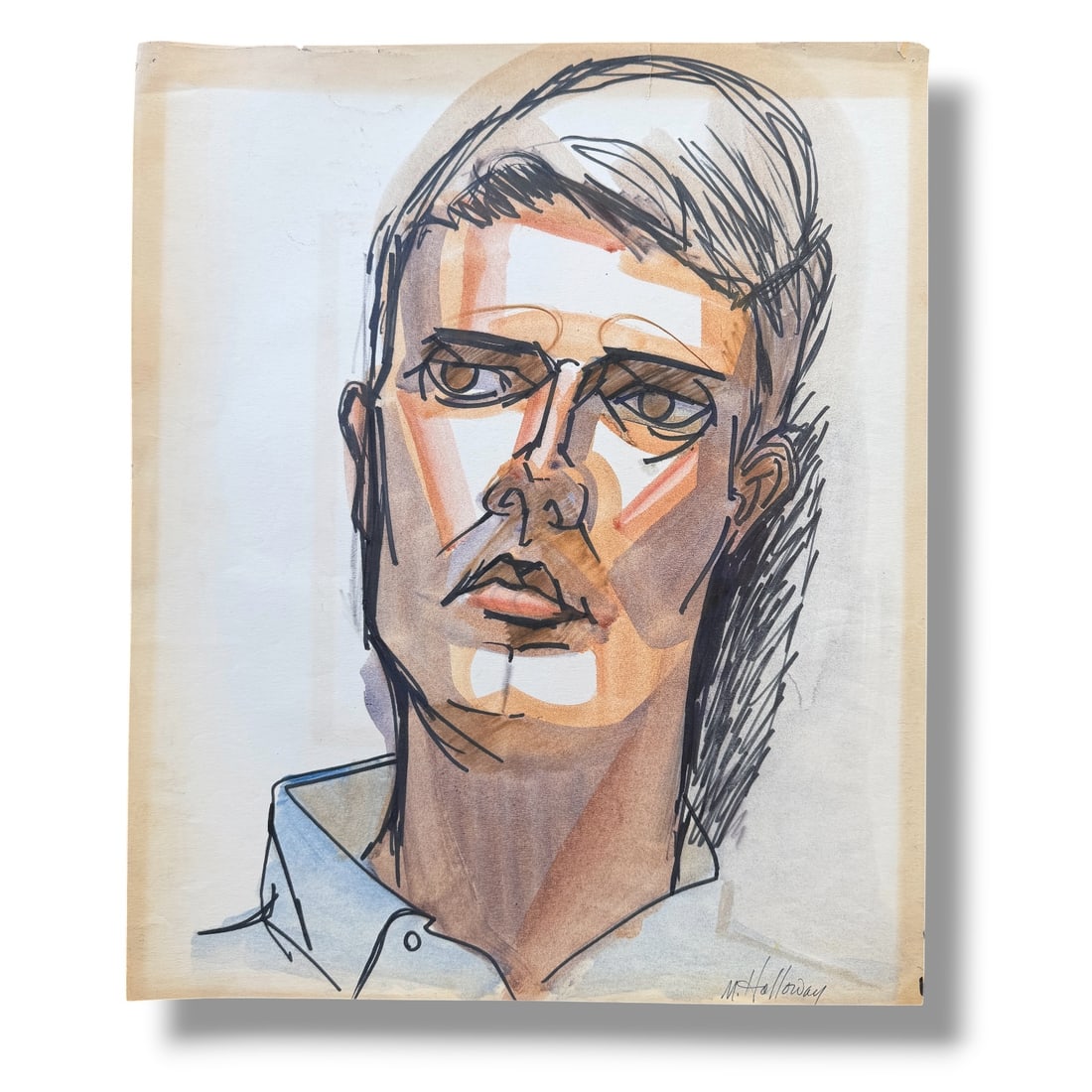 American 20th century Male Portrait Study Color Ink Wash Drawing on Paper M. Holloway: mid 20th century signed portrait on paper signed M. Holloway. Paper has discoloration to edges, edge wear, a tear that enters the drawing. See photos. Measures 22" x 18" unframed.