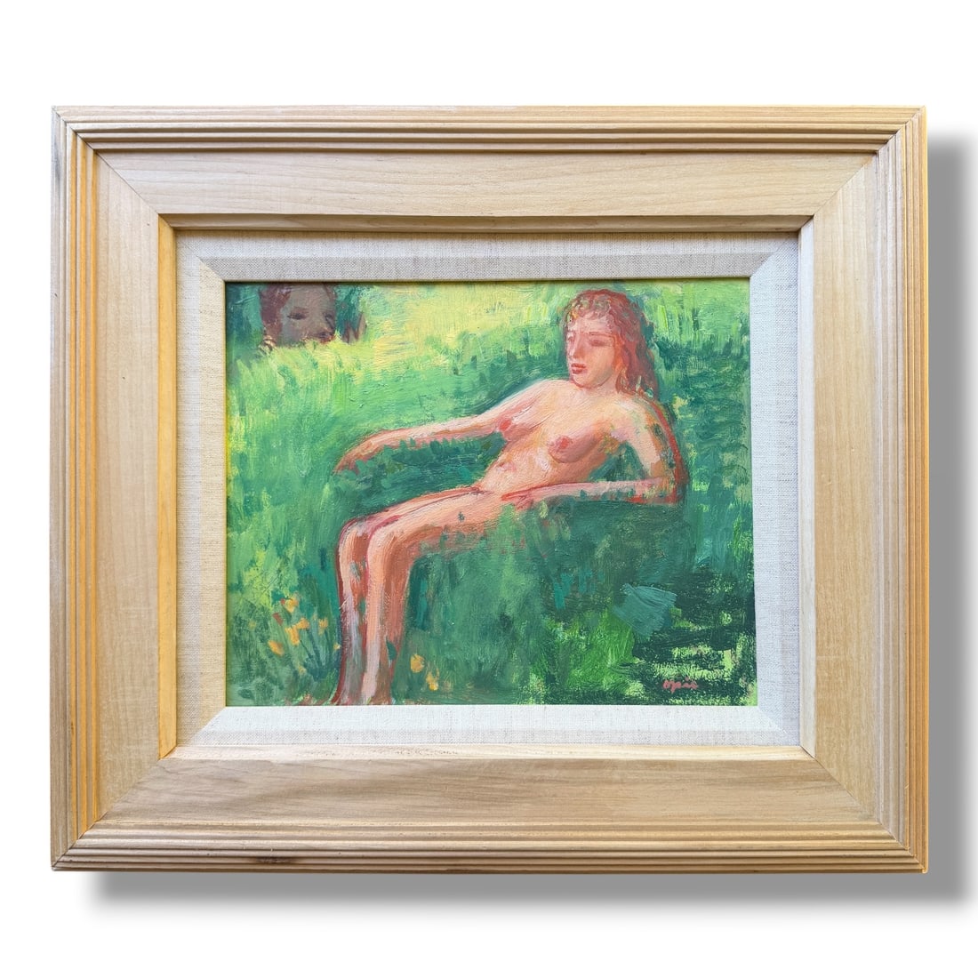 American 20th Century Figurative Painting by John Mart Opie (b.1936) "Satyr and Nymph": Acrilic on panel by the noteworthy American artist John Mart Opie (b. 1936) entitled "Satyr and Nymph." In excellent condition and presented in an artist made frame measuring 17" x 15" over all.
