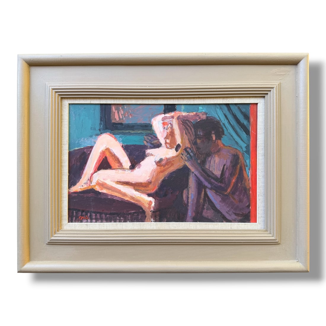 American 20th Century Figurative Painting by John Mart Opie (b.1936) "Lust": Acrilic on panel by the noteworthy American artist John Mart Opie (b. 1936) entitled "Lust." In excellent condition and presented in an artist made frame measuring 18" x 13,5" over all.