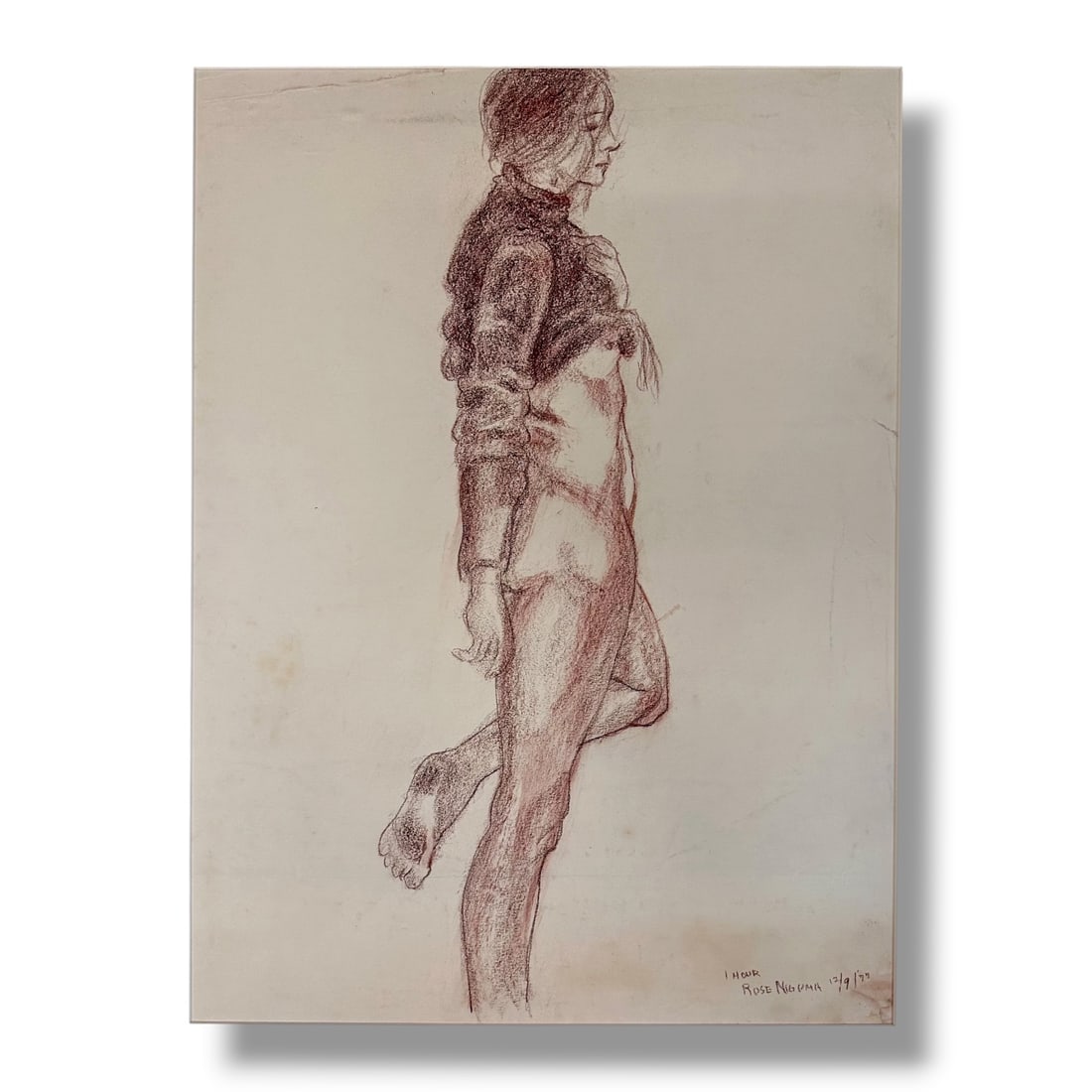 American 20th Century Figure Study Graphite Sketch by Rose Niguma (1915-2014): Graphite on paper figure study by noteworthy PNW artist Rose Niguma (1915-2014) executed during her time studying under celebrated Portland artist Jay Backstrand. Image measures 23" x 17" unframed and