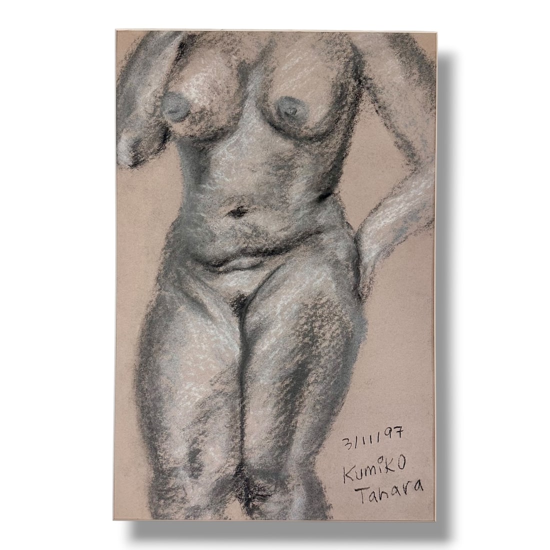 American 20th Century Figure Study Graphite Sketch Signed Kumiko Tahara: Graphite on paper figure study by artist Kumiko Tahara. Image measures 17.5" x 11.5" unframed.