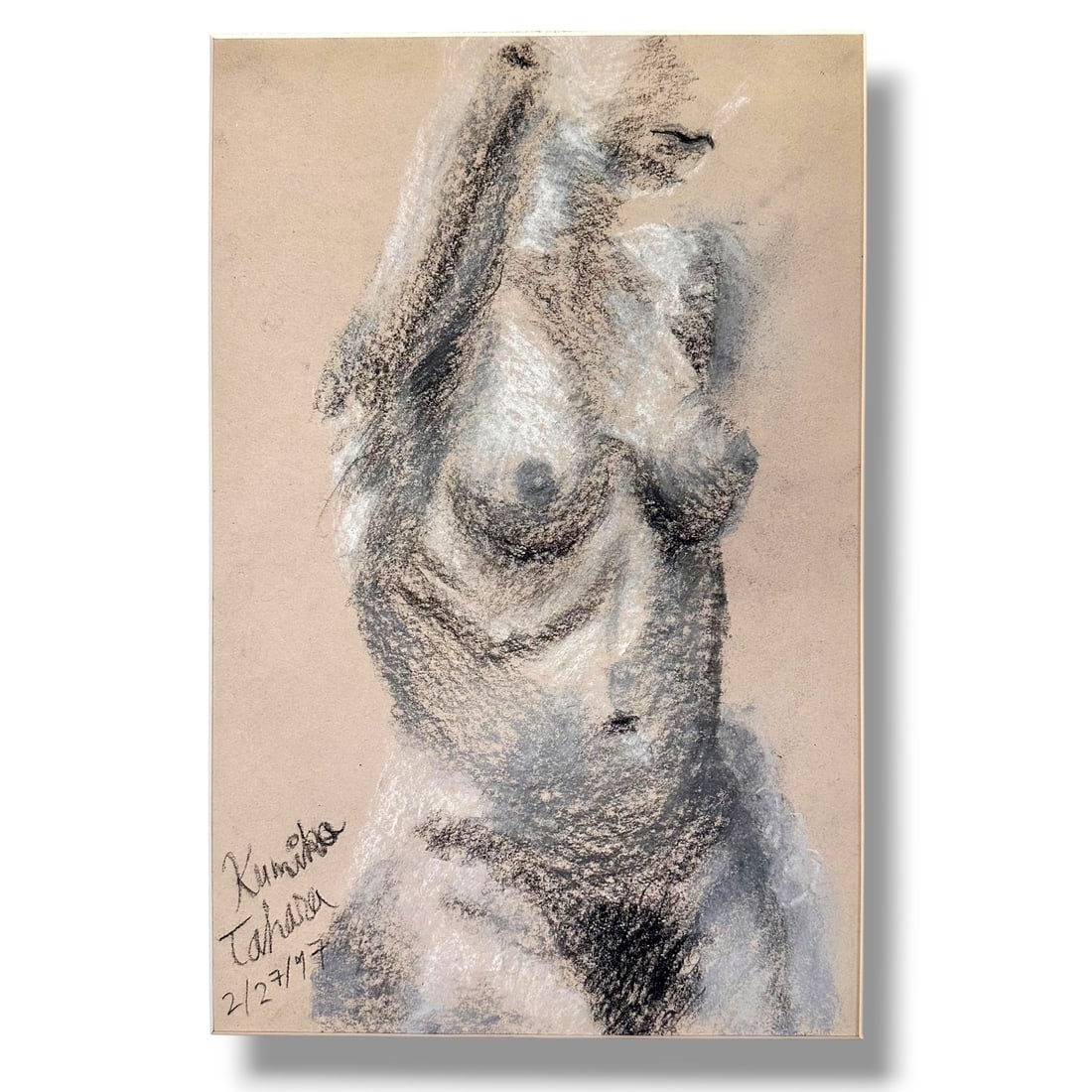 American 20th Century Figure Study Graphite Sketch Signed Kumiko Tahara: Graphite on paper figure study by artist Kumiko Tahara. Image measures 18" x 11.5" unframed.