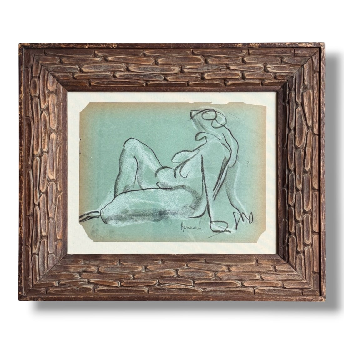 American 20th Century Oil Pastel Figurative Drawing, Mamie Harmon (1906-1993) Vintage Frame: This is an original oil pastel on paper figurative drawing by noteworthy American 20th century artist Mamie Harmon (1906-1993). This circa 1950s signed drawing has been intentionally floated mounted t