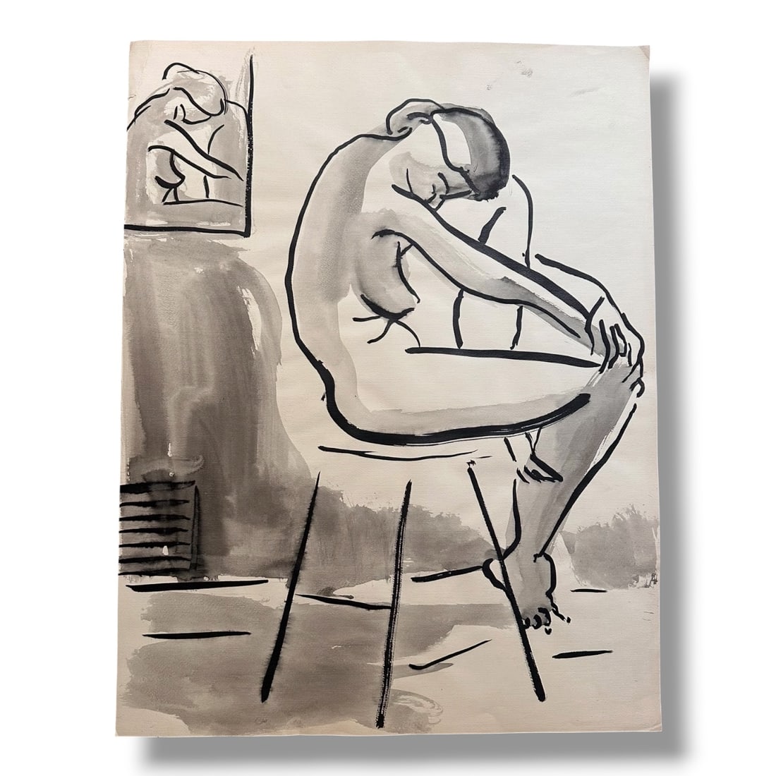 American 20th Century Figure Study Ink Wash Painting on Paper by artist Harold Mesibov (1928-2012): Circa 1960s figurative ink wash painting on paper by artist Harold Mesibov. Born in Philadelphia, 1928. He was the son of an artist and younger brother of the artist Hugh Mesibov. Both of the Mesibov 