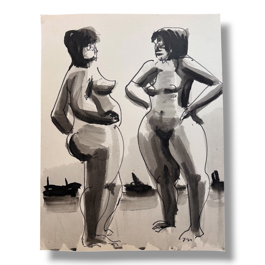 American 20th Century Figure Study Ink Wash Painting on Paper by artist Harold Mesibov (1928-2012): Circa 1960s figurative ink wash painting on paper by artist Harold Mesibov. Born in Philadelphia, 1928. He was the son of an artist and younger brother of the artist Hugh Mesibov. Both of the Mesibov 