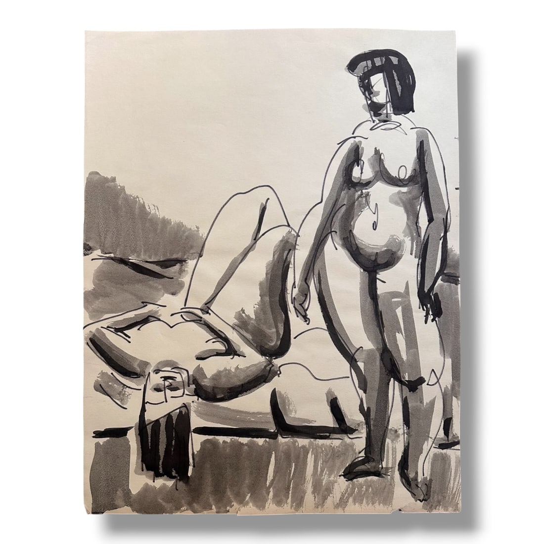 American 20th Century Figure Study Ink Wash Painting on Paper by artist Harold Mesibov (1928-2012): Circa 1960s figurative ink wash painting on paper by artist Harold Mesibov. Born in Philadelphia, 1928. He was the son of an artist and younger brother of the artist Hugh Mesibov. Both of the Mesibov 