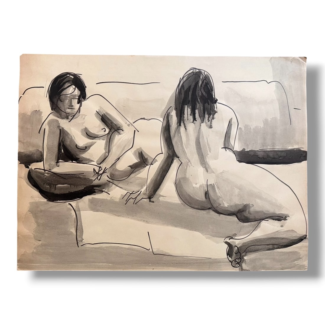 American 20th Century Figure Study Ink Wash Painting on Paper by artist Harold Mesibov (1928-2012): Circa 1960s figurative ink wash painting on paper by artist Harold Mesibov. Born in Philadelphia, 1928. He was the son of an artist and younger brother of the artist Hugh Mesibov. Both of the Mesibov 