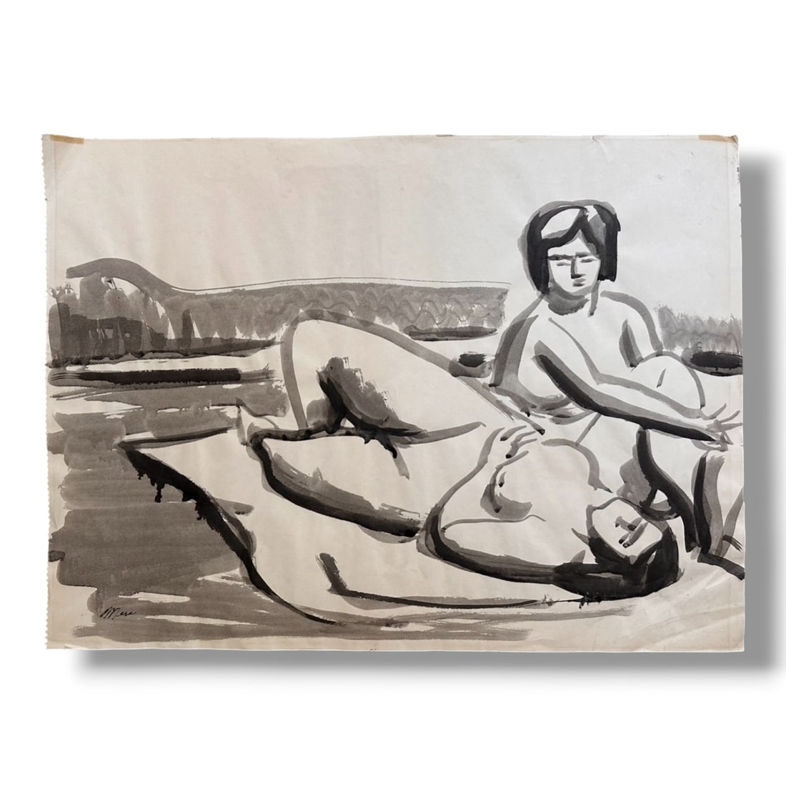 American 20th Century Figure Study Ink Wash Painting on Paper by artist Harold Mesibov (1928-2012): Circa 1960s figurative ink wash painting on paper by artist Harold Mesibov. Born in Philadelphia, 1928. He was the son of an artist and younger brother of the artist Hugh Mesibov. Both of the Mesibov 