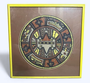 Vintage 70s Framed Needlepoint Pueblo Pottery Wall Hanging Art MCM Terra Cotta 21x20