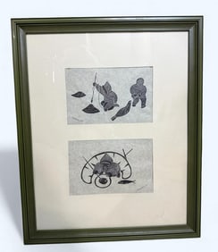 Vintage Agnes Nanogak (1925-2001) Inuit Eskimo Art Set of 2 Stonecuts Professionally Matted & Framed