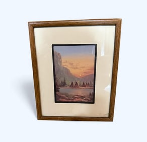 1980s Vintage Matted & Framed Art Print Teepees by Lake or River Mountains Southwest Native American