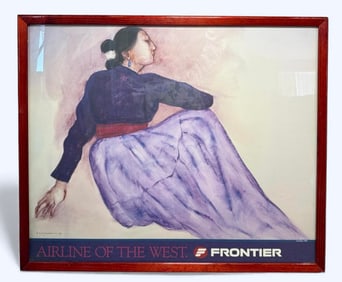RC Gorman "Frontier Rose" Frontier Airlines Framed Giclee Poster Genuine Cherry Wood Frame Travel