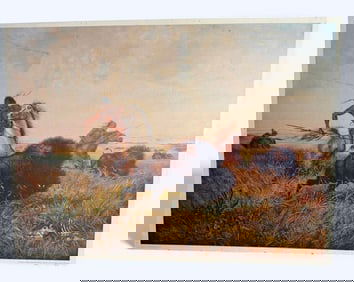 John Dare Howland American Artist 1843-1914 Painting Date ca: 1868 "Buffalo Hunt" Penn Prints Board