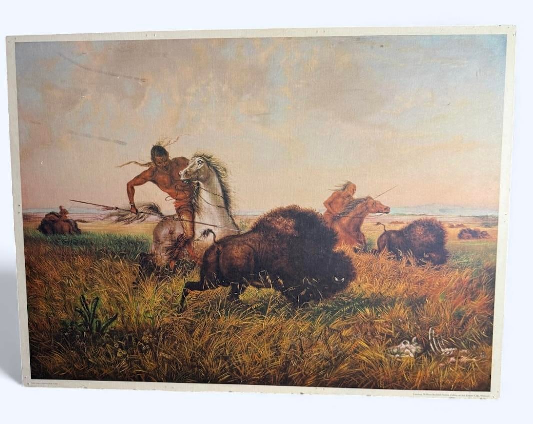 John Dare Howland American Artist 1843-1914 Painting Date ca: 1868 "Buffalo Hunt" Penn Prints Board (1 of 5)