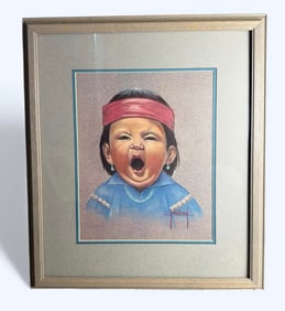 Jane Mabry "Yawning Boy" Navajo Framed and Signed Oil Pastel Signed By Artist Professionally Framed
