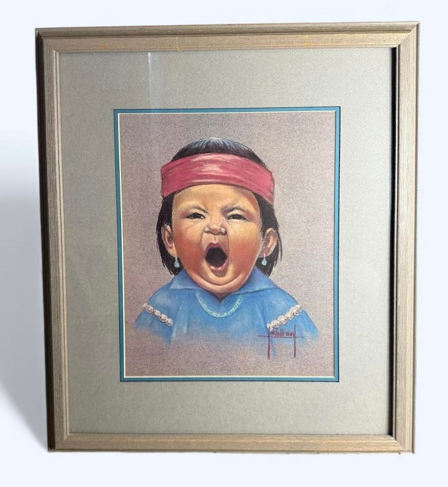 Jane Mabry "Yawning Boy" Navajo Framed and Signed Oil Pastel Signed By Artist Professionally Framed: 172 Jane Mabry "Yawning Boy" Navajo Framed and Signed Oil Pastel New Mexico Art 21"x18.5" Signed by artist Professionally Framed and double matted with UV resistant glass and acid free materials.